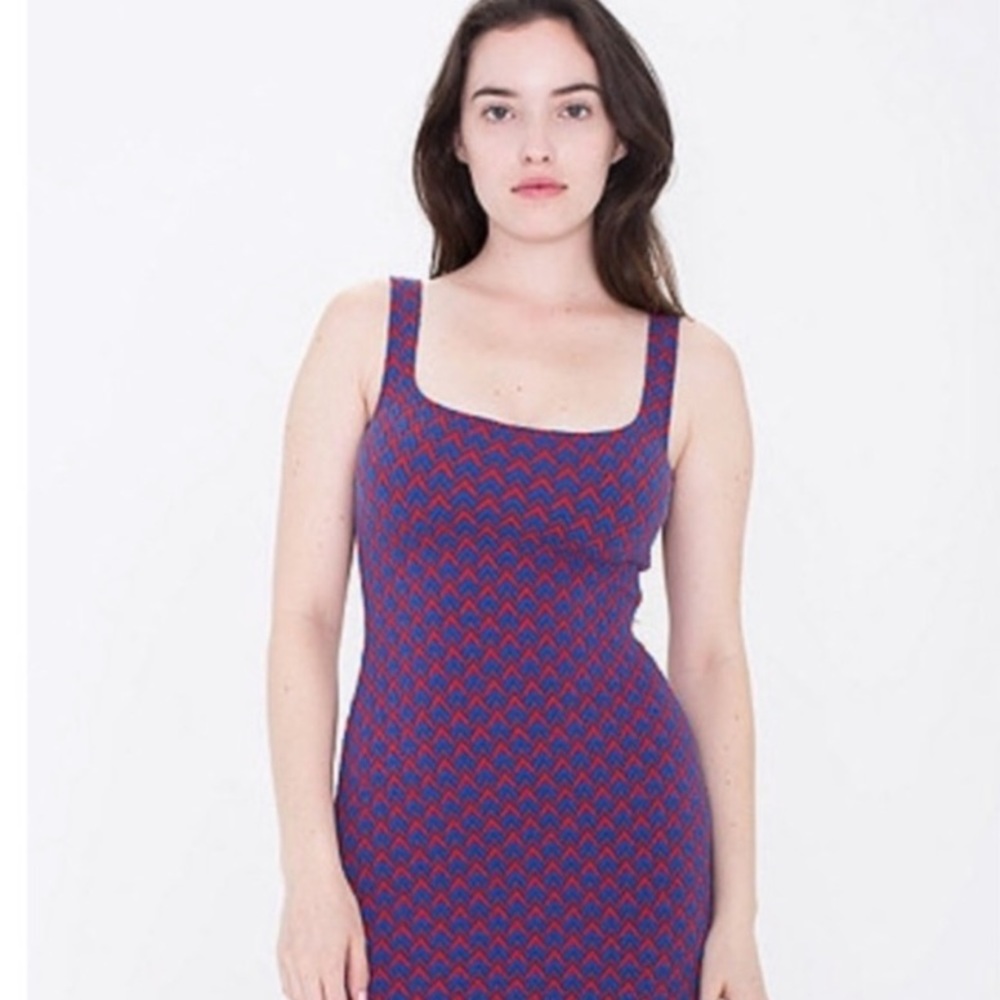 American Apparel fitted mini dress, stretchy, blue & red, zig zag, Large